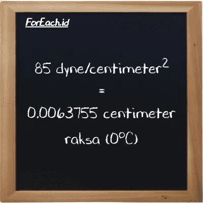 Cara konversi dyne/centimeter<sup>2</sup> ke centimeter raksa (0<sup>o</sup>C) (dyn/cm<sup>2</sup> ke cmHg): 85 dyne/centimeter<sup>2</sup> (dyn/cm<sup>2</sup>) setara dengan 85 dikalikan dengan 0.000075006 centimeter raksa (0<sup>o</sup>C) (cmHg)